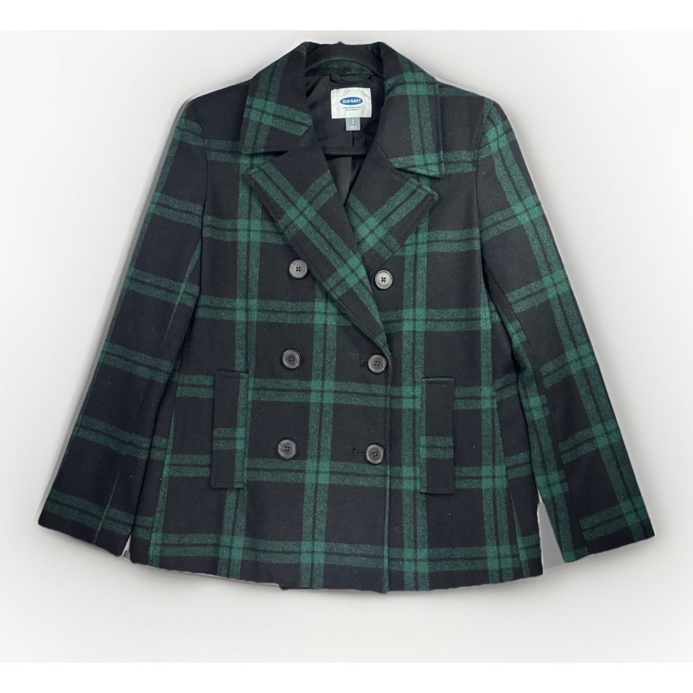 Old‎ Navy Peacoat Women Small Green Black Plaid Wool Blend Double Breasted Coat